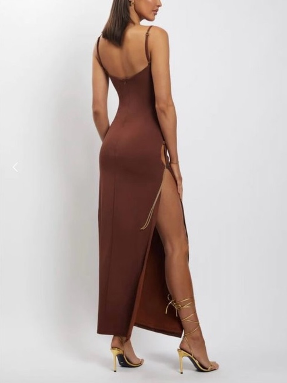 MESHKI NWT rylee exposed sides maxi dress XS chocolate brown and gold